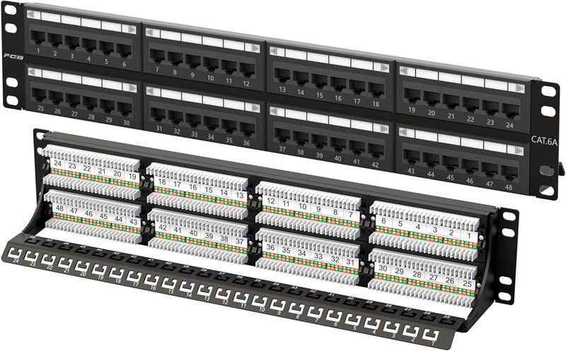 FGBB 10Gbps Cat6A Patch Panel, 48-Port RJ45 Ethernet Patch Panel for 19" Rackmount or Wall Mount, 2U Network Panel for Gigabit Networks - Image 1